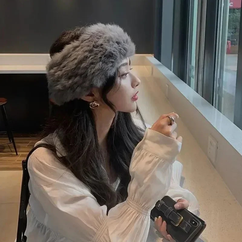 Autumn Winter Knitted Real Rabbit Fur Headband for Women Fluffy Elastic Hair Bands Ring for Ladies Hair Ties 250906