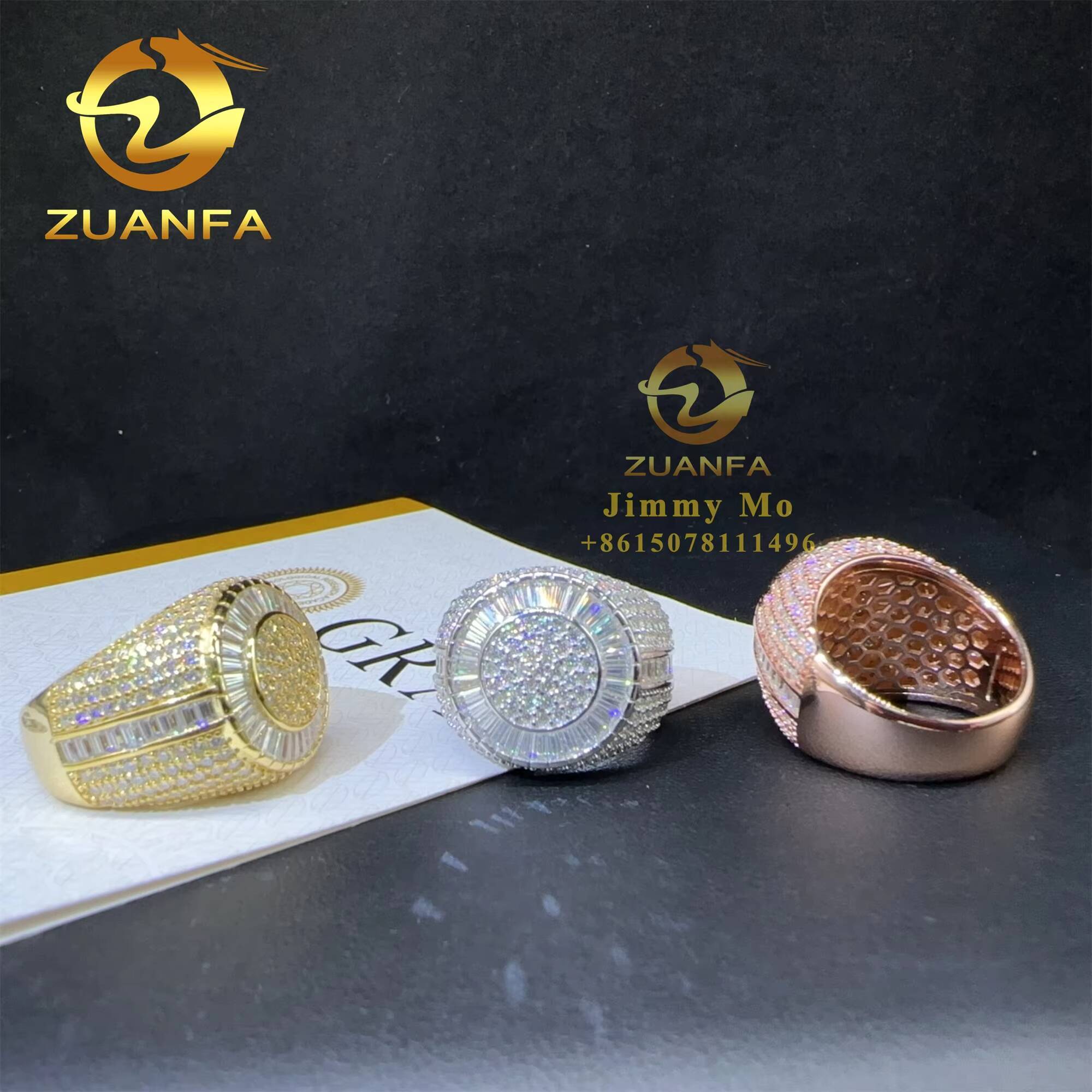 Best Selling GRA Certificate Iced Out Hip Hop Vvs Baguette Moissanite Diamond 925 Solid Silver Round Ring for Man