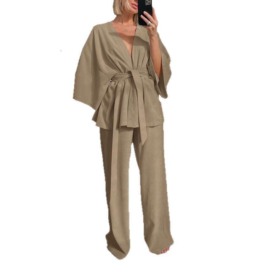 Autumn Winter New Loose Soft V-Neck Tie Sleeve Long Pants Set Design Sense Elegant Casual B3