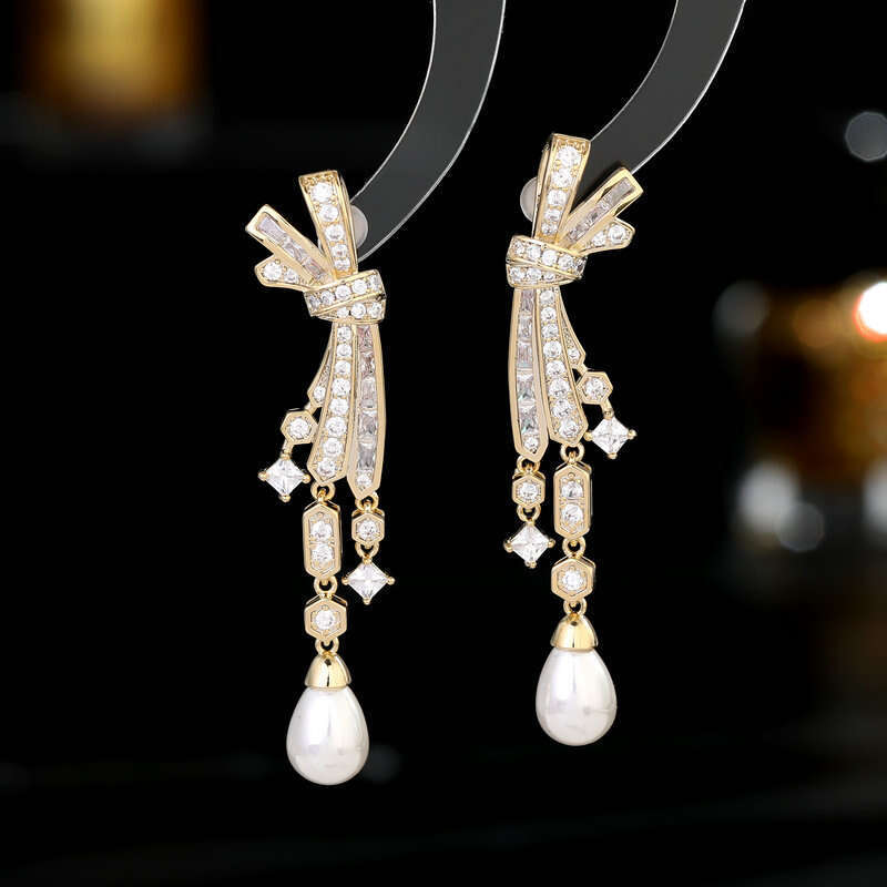 DH collections: 2025 Fall Ultra - Elegant Bridal Earrings with Zircon - inlaid Bow - knot and Pearl Tassels