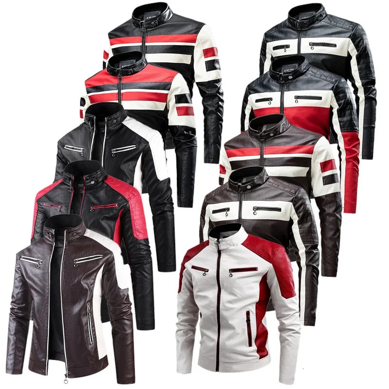 2025 Color Blocked Stand Up Collar PU Leather Motorcycle Bike Jackets for Menmulticolor Spring Autumn Thin Casual PU Coat 250905