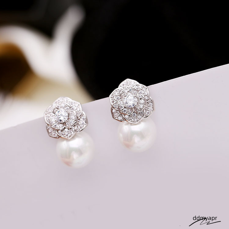 Elegant Freshwater Camellia Flower Earrings For Women Dia Zircon Stud Ball Pearl Earring Fashion Wedding Jewelry Nice Gift Ddmyfeb
