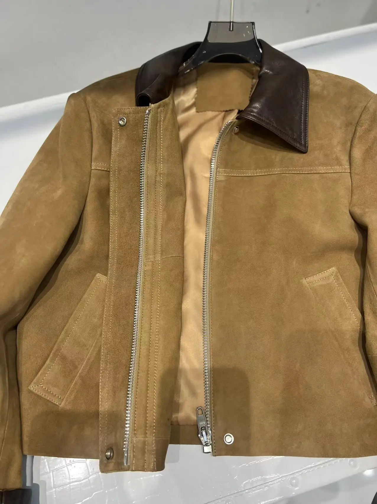 European Imported Suede Jacket Women Autumn Winter ed Contrasting Leather Coat Navy Blue Short Locomotive Casacos 250815