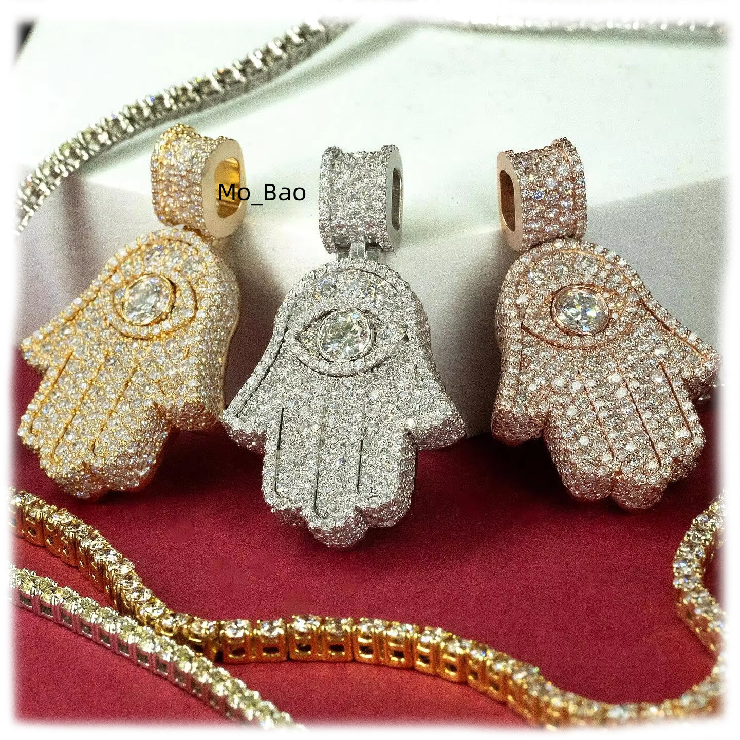 Custom Hip Hop Fine Jewelry 925 Sterling Silver Shiny Cuban Chain Necklace Pendant Moissanite Iced Out Diamond Hamsa Pendants