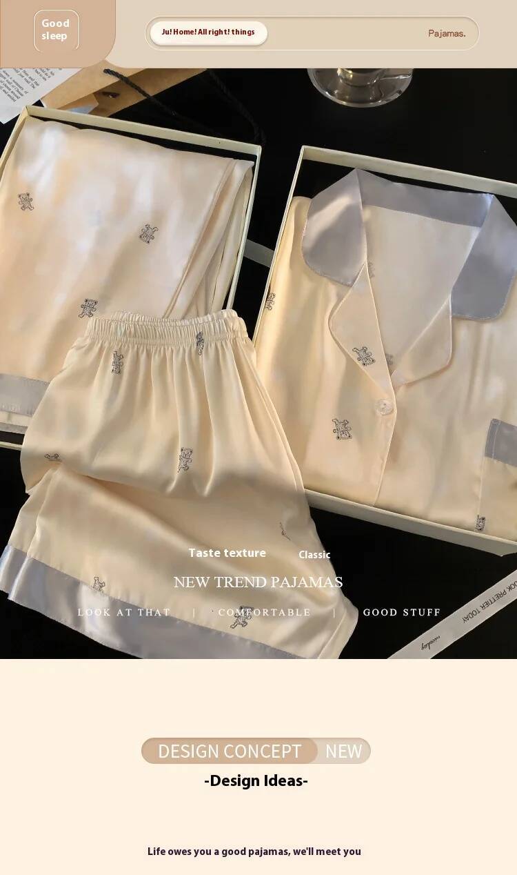 2025 Spring/Summer Women's New Ice Silk Cardigan Casual 3-Piece Pajama Set Girls' Home Pajama Short Sleeve design Bear Printed Designer Paja