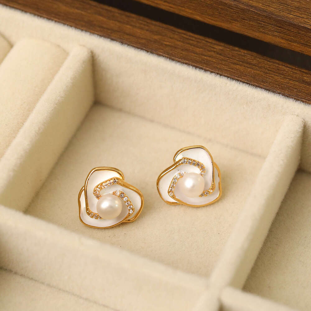 DH collections Korean - Style Metal Enamel Glaze Camellia Pearl Stud Earrings for Women