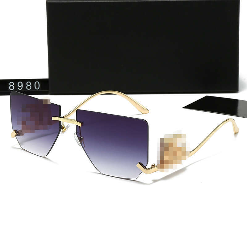 New Metal Fashion Frameless Edge Cut Large Frame Curved Leg Hollow Letter Sunglasses Korean Style Trend Street Shooting Glasses 8980 a01