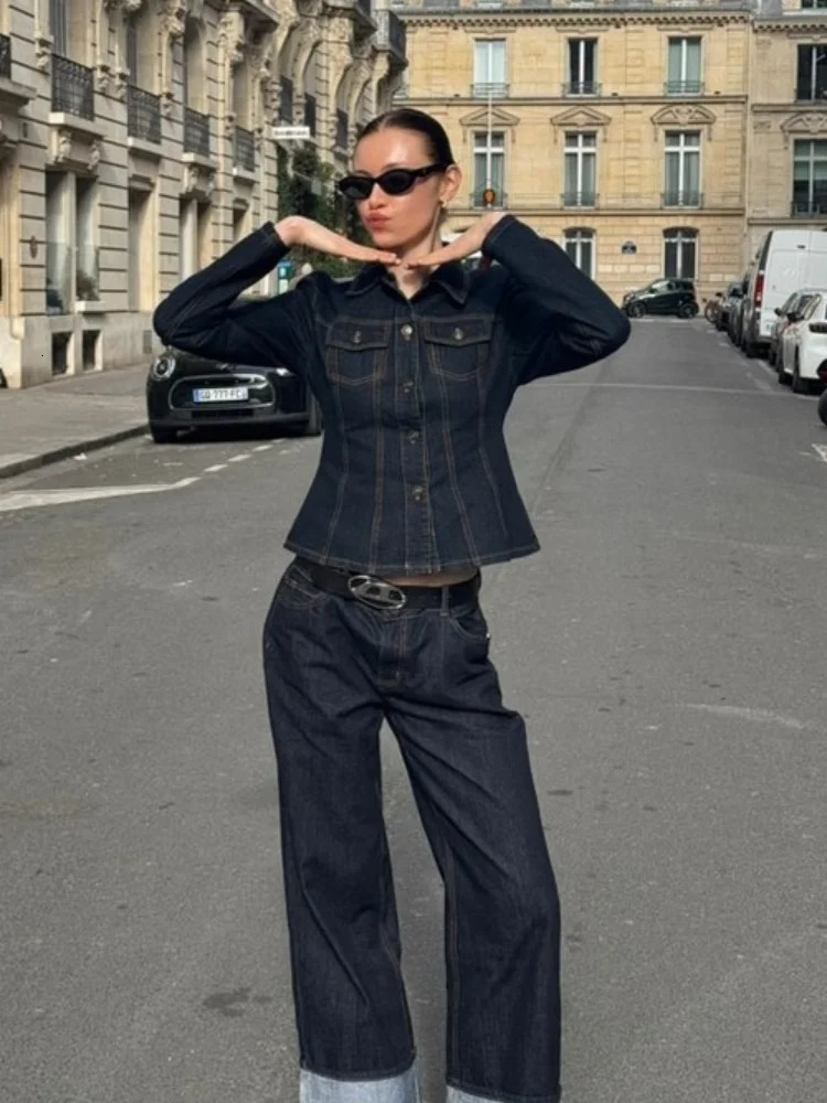Denim Jacket Coat Jeans Sets Women Single Breasted Lapel Long Sleeve Top Straight Pants Suits 2025 Spring Vintage Street Commute 250906 C260312