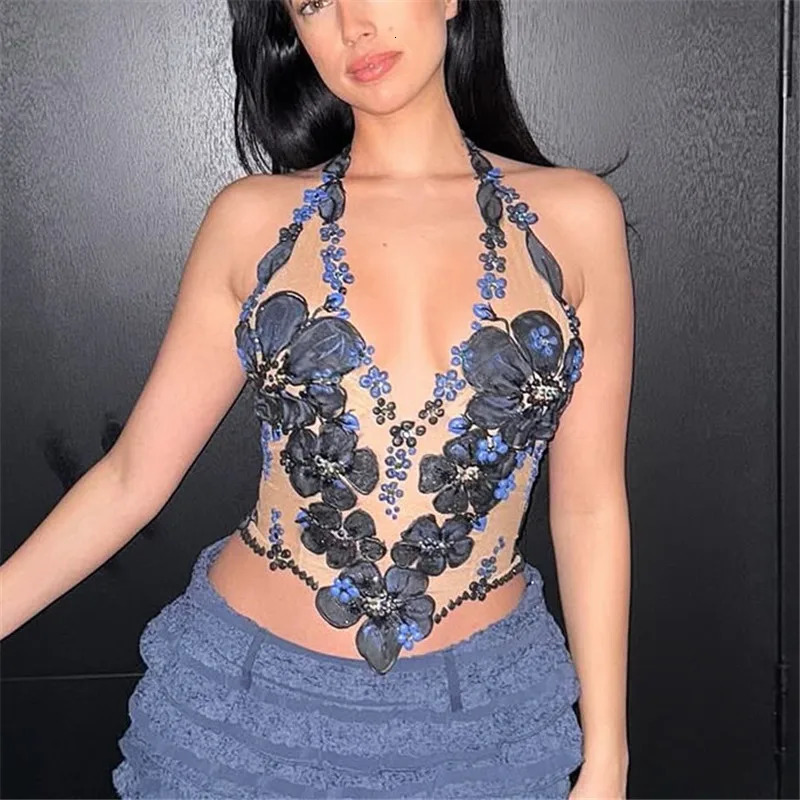 Sexy Women Floral Mesh Tank Top See Through Sheer Halter Crop Tops Sleeveless Flower Embroidery V Neck Cami Summer 250906