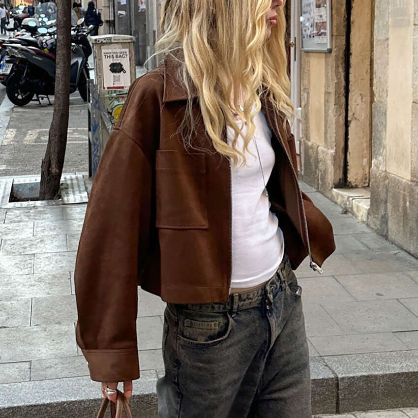 Autumn Winter New Style Turn-Down Collar Zipper Suede Brown Jacket Coat Design Sense Elegant Fashion Commuting B3