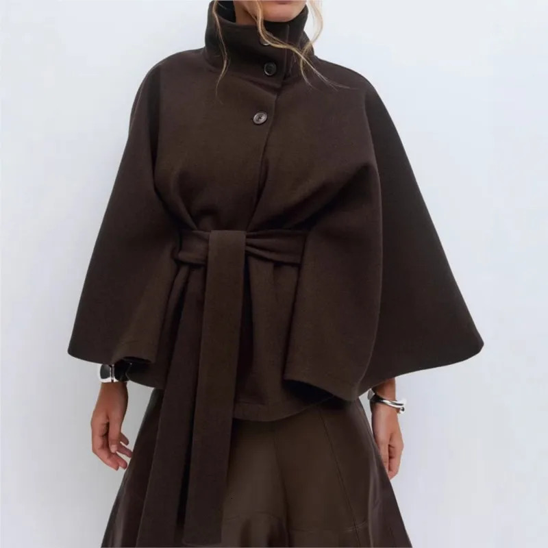 2025 Fashion Cape Style Woolen Coat Autumn Winter Batwing Sleeve Belts Loose Jacket Female Elegant Solid Windbreaker 250905