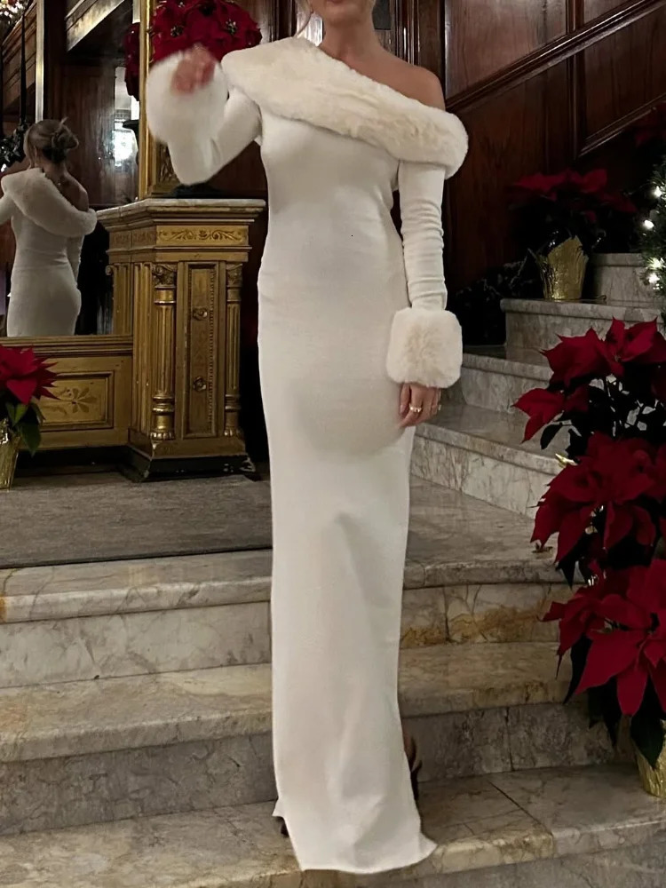 Women White Faux Fur Patchwork Dress Elegant Off Shoulder Slanted Collar Full Sleeve Maxi Dresses Lady Party Vestidos 250905