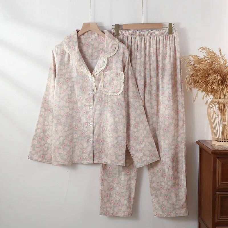 2025 New Women's Long Sleeve Lace Cotton design Pajama Set Spring and Autumn New Style Ink Painting Design Folded Cotton Pajama Sweet Home Design