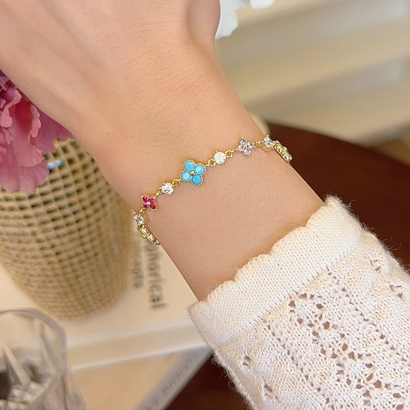 Golden Bracelet With Colorful Floral & Crystal Detail, Elegant Dainty Style, Perfect For Daily Wear & Gifting, High-Quality Jewelry