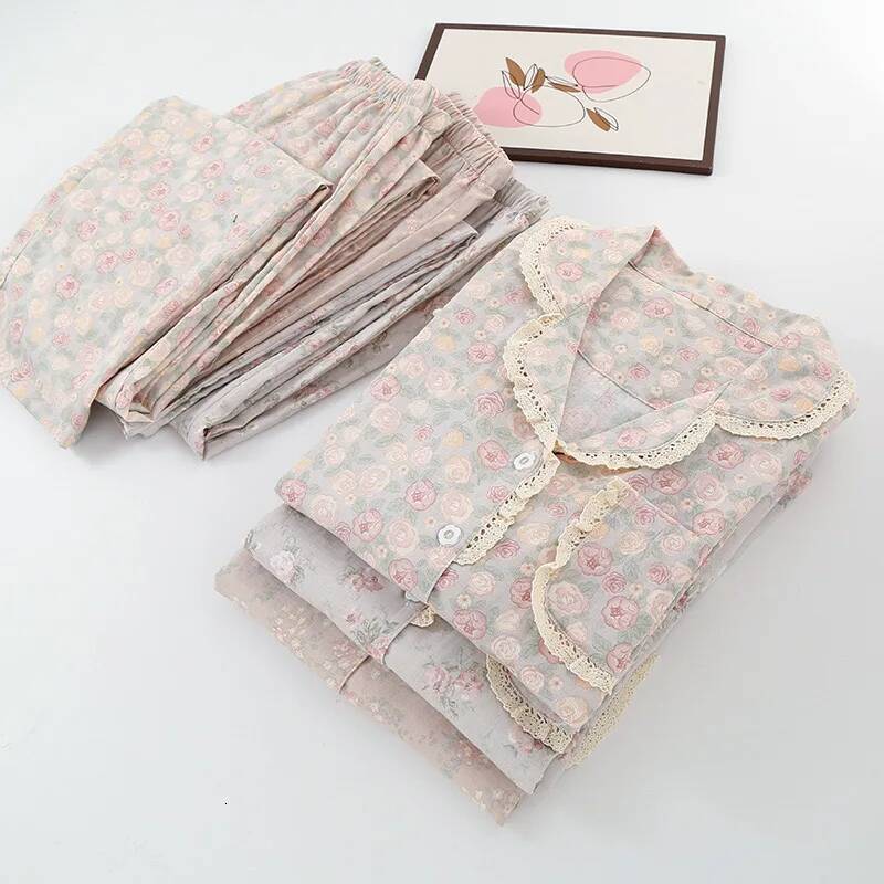 2025 New Women's Long Sleeve Lace Cotton design Pajama Set Spring and Autumn New Style Ink Painting Design Folded Cotton Pajama Sweet Home Design