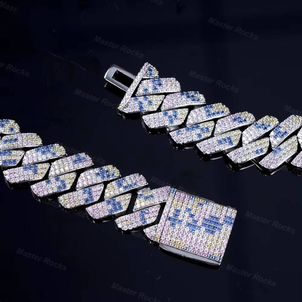 Moissanite Chain Cuban 18mm Necklace 925 Sterling Silver Blue Spotted Pass Diamond Tester Hiphop VVS Moissanite Cuban Chain