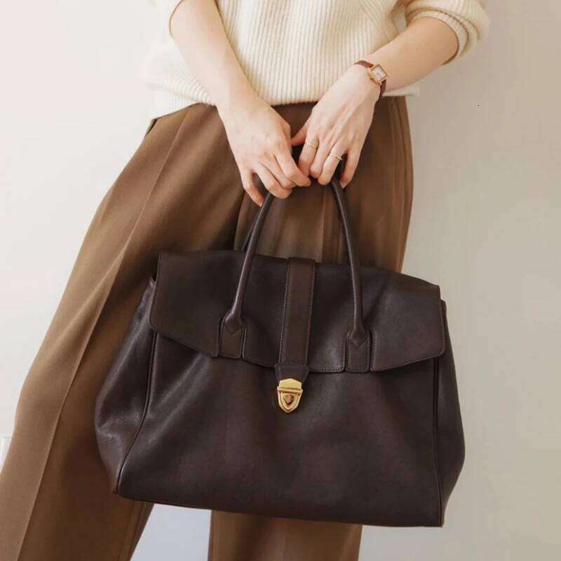 2025 New Bags High Version Flat Cover Top Layer Official Document Tote Work Commuter Bag Retro Big Capacity Soft Leather Package