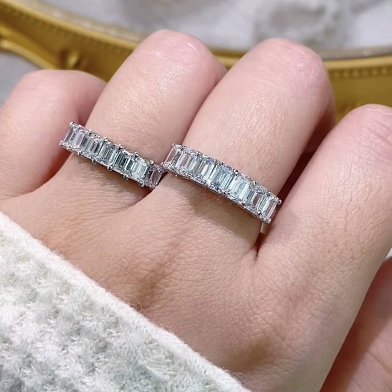 14K White Gold 01CT 02CT Emerald Cut VVS Lab Grown Diamond Ring Band Eternity Ring