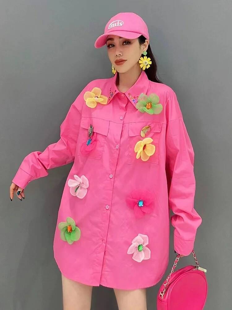 2025 Designer's New Sequins Diamond Flower Embroidery Cotton Long Oversized Women's Shirt Spring Long Sleeve Shirt Y K Top design powder blu