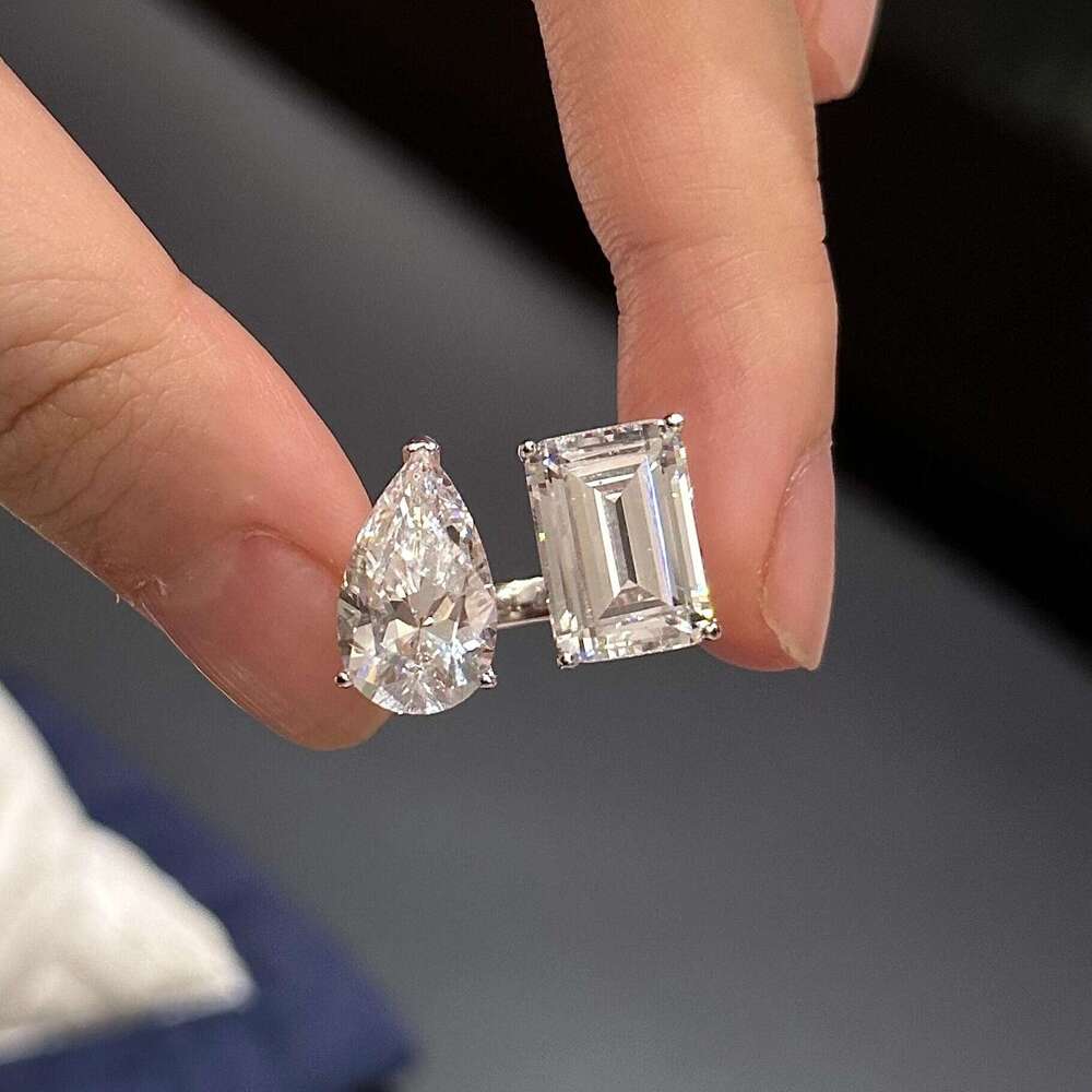 jewelry rings S925 Silver Twin stone Pear shaped Drop and Square cut Diamond set Open ring