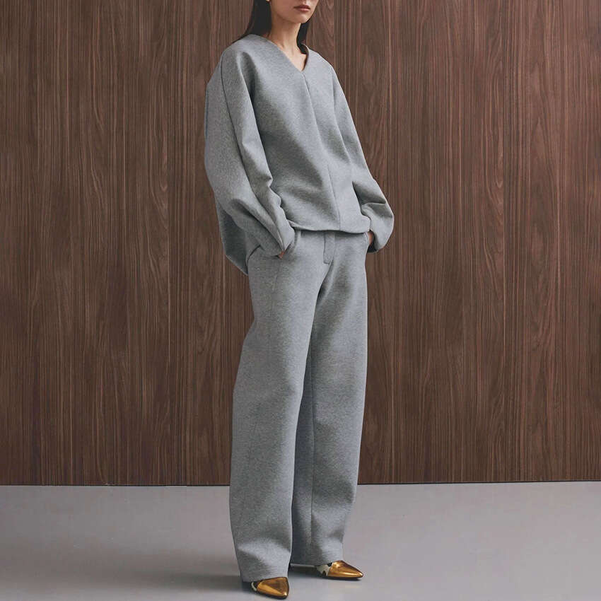 Autumn Winter New Loose V-Neck Gray Thickened Long-Sleeve Long-Pants Set For Women With Design Sense And Elegant Temperament B5
