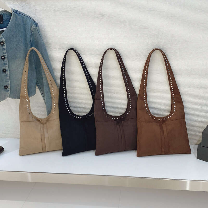 Autumn Winter New Suede Rivet Decorated Single Shoulder Motorcycle Style Elegant Underarm Bag Handbag for Women
