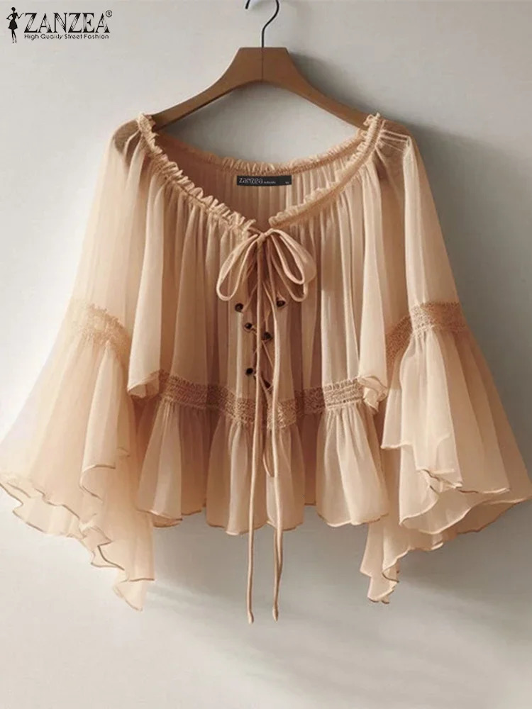 ZANZEA Women Vintage Chiffon Blouse Casual Loose 34 Flare Sleeve Short Tops 2025 Summer Seethrough Vneck Pleating Blusas Femme 250906