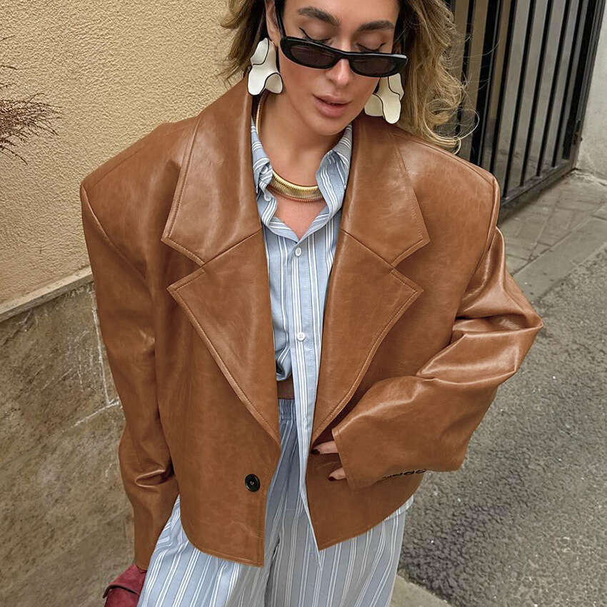 Autumn Winter New Style Suit Collar PU Leather Jacket Women With Design Sense, Elegant And Fashionable For Commuting B3