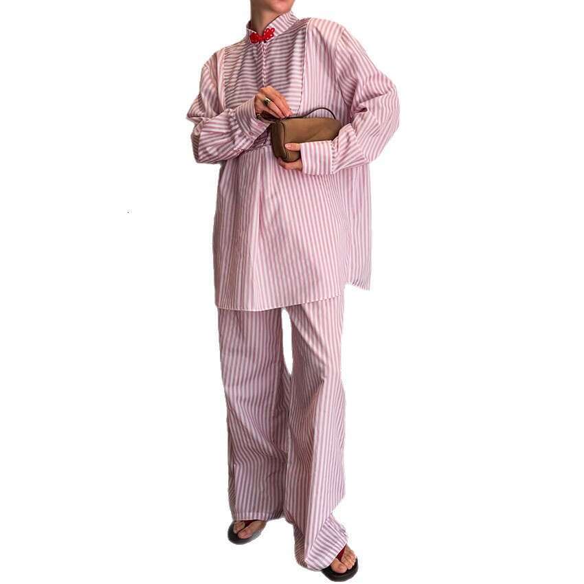 Autumn Winter New Chinese Style Button Pink Striped Sleeve Long Pants Set For Women With Design Sense And Fashionable Temperament B5
