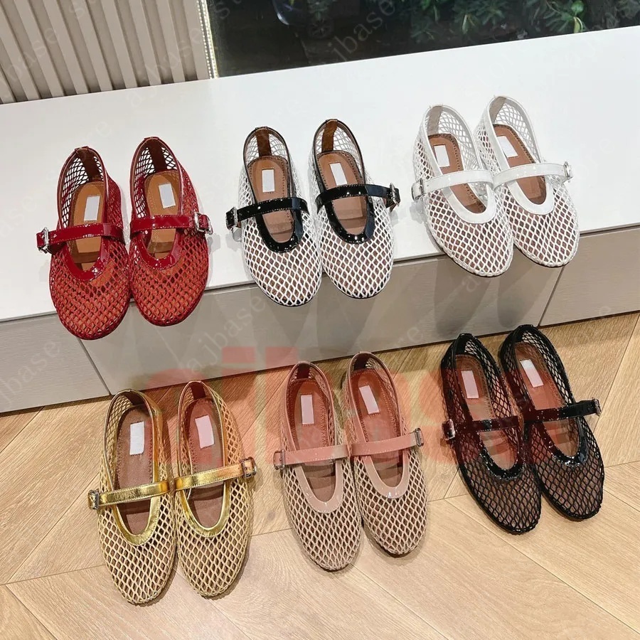 Luxury Mesh Ballet Flats Mary Jane With Strap Flat Loafers Designer Crystal Diamonds Shoes Round Toe Slip On Dress Shoe With Box Size 35-40