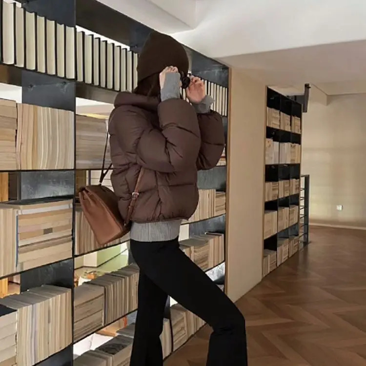 Womens Winter Solid Color Stand Collar Short Cottonpadded Jacket Korean Version Loose Casual High Waist Bread Served 250905