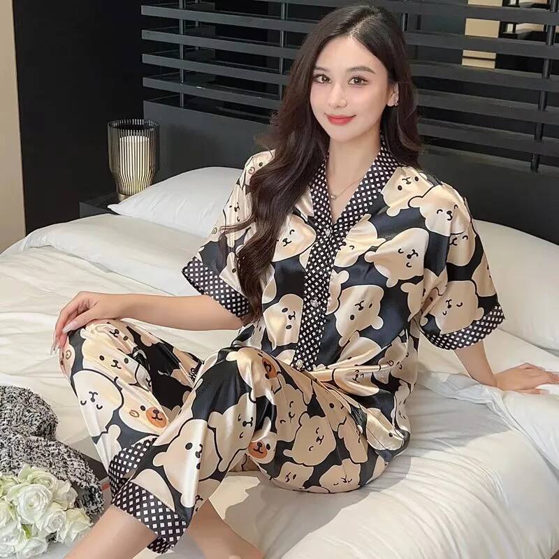 2025 New Ice Silk Pajamas Women's Summer Short sleeved Pants Cartoon design Bear Pajamas Cardigan Green Letter Pajamas Home Clothing Kimono Desig