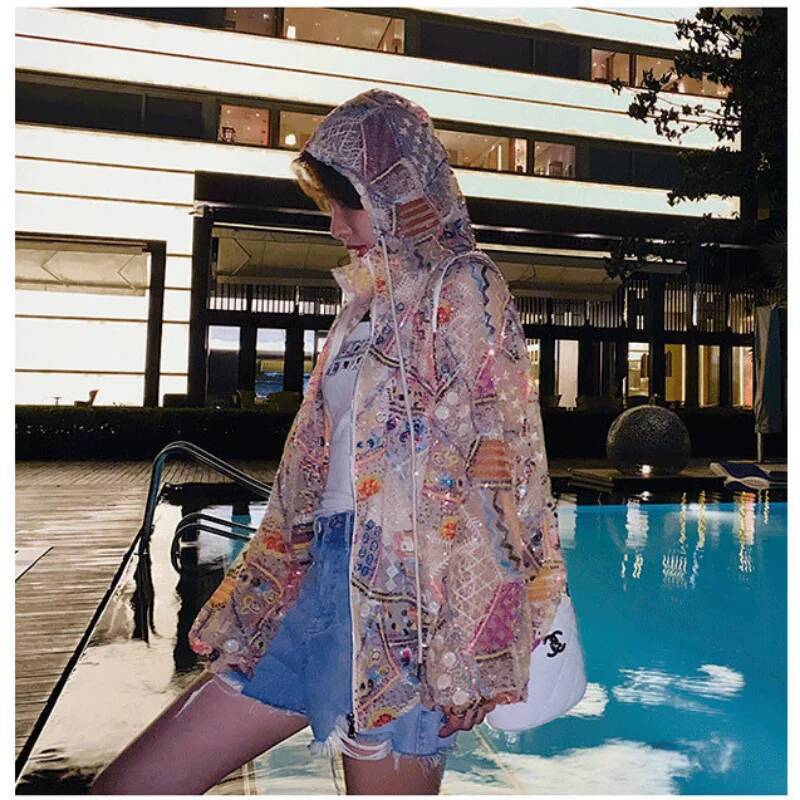 2025 new women's sequined hooded jacket design jacket, thin bead baseball cardigan, sun protection zipper bomb jacket, pink designer shiny mesh p