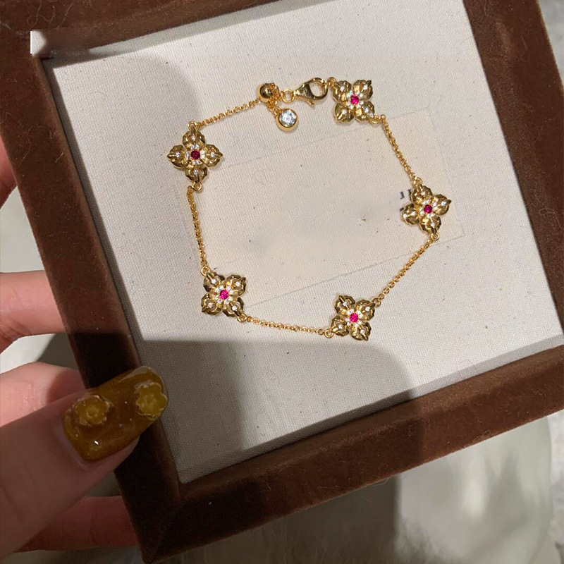 Golden Floral Bracelet With Pink Gemstone & Crystal Detail, Elegant Sweet Style, Perfect For Daily Wear & Gifting, High-Quality Jewelry