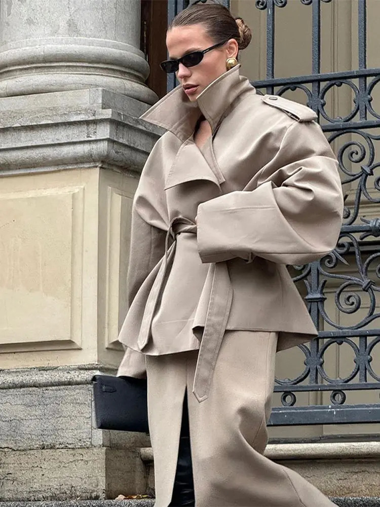 Casual Loose Jackets Women Lapel Long Sleeves Belt Double Breasted Short Windbreaker Spring Fashion Chic Streetwears Lady 250815