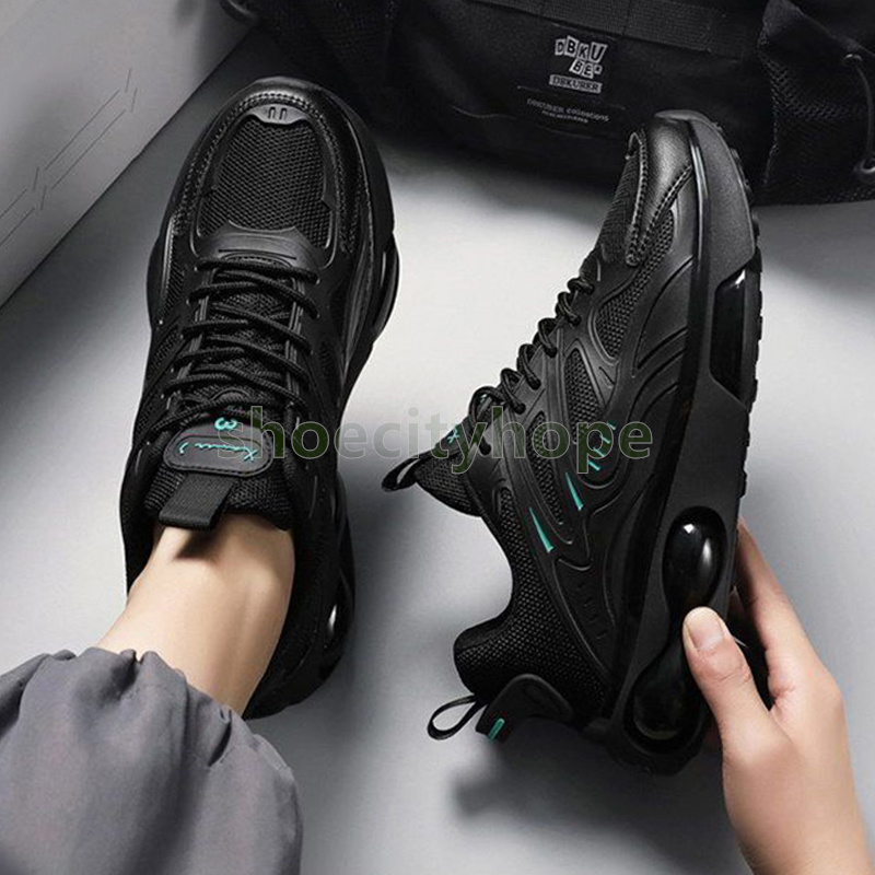 Black trend mens trainers Versatile running shoes Comfortable Durable Thick-sole cushioning Mesh breathable sneakers Size 39-44