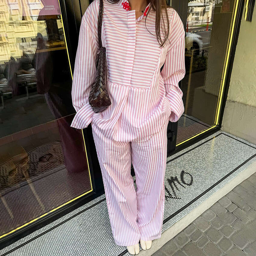 Autumn Winter New Chinese Style Button Pink Striped Sleeve Long Pants Set For Women With Design Sense And Fashionable Temperament B5