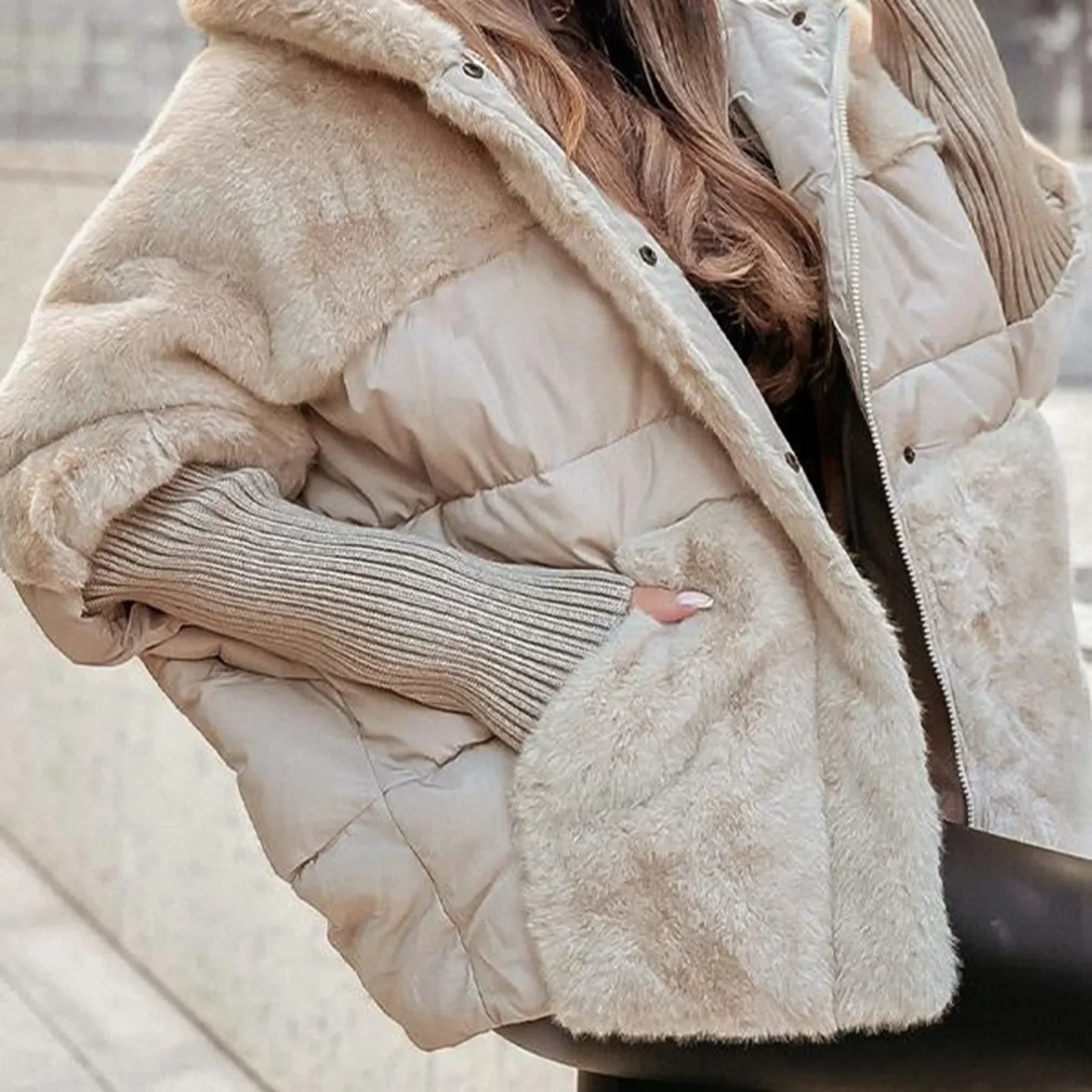 Womens Loose Cotton Coat Faux Fur Patchwork Winter Comfort Chic Long Sleeve Hooded Jacket 250905