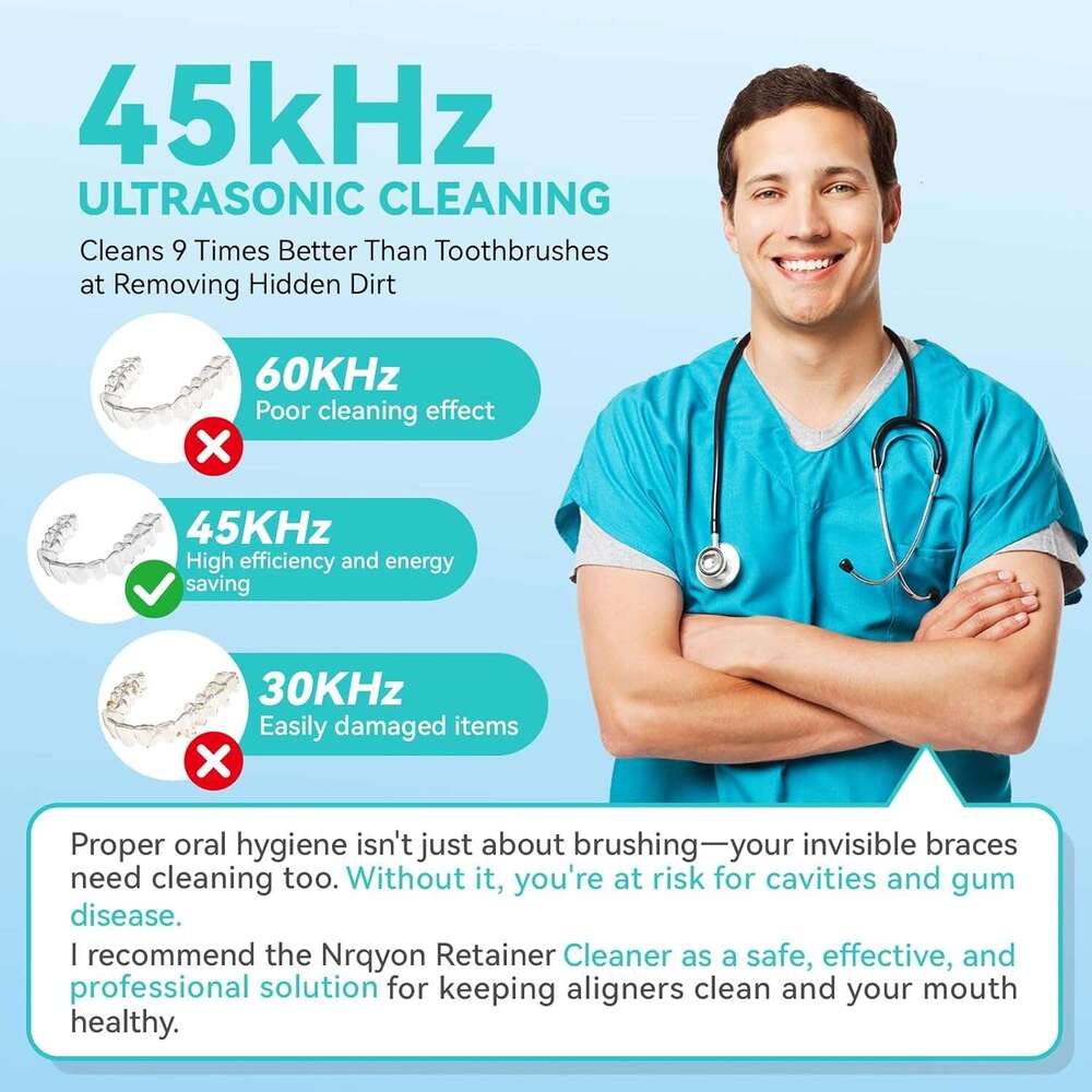 Denture - 45kHz Retainer hine with 200ML Dental Pod, 9 Modes Ultrasonic Cleaner for Denture, Mouth Guard Clenching, Aligner, Braces, Toothbrush, Jewel