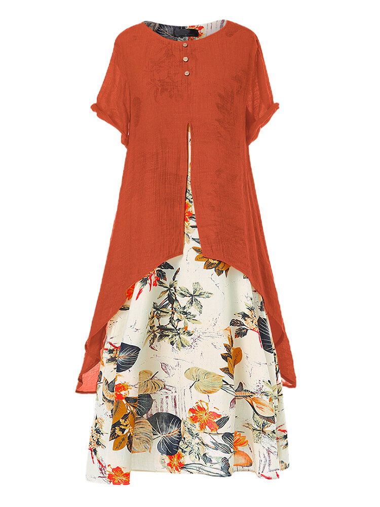 H90Cotton and linen floral maxi dress plus size women's swing dress