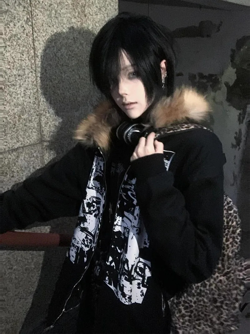 Streetwear Vintage Harajuku Gothic Print Hooded Sweatshirt Coat Aesthetic Slim Jacket Y2k Fur Patchwork Grunge Hoodies Women 250905