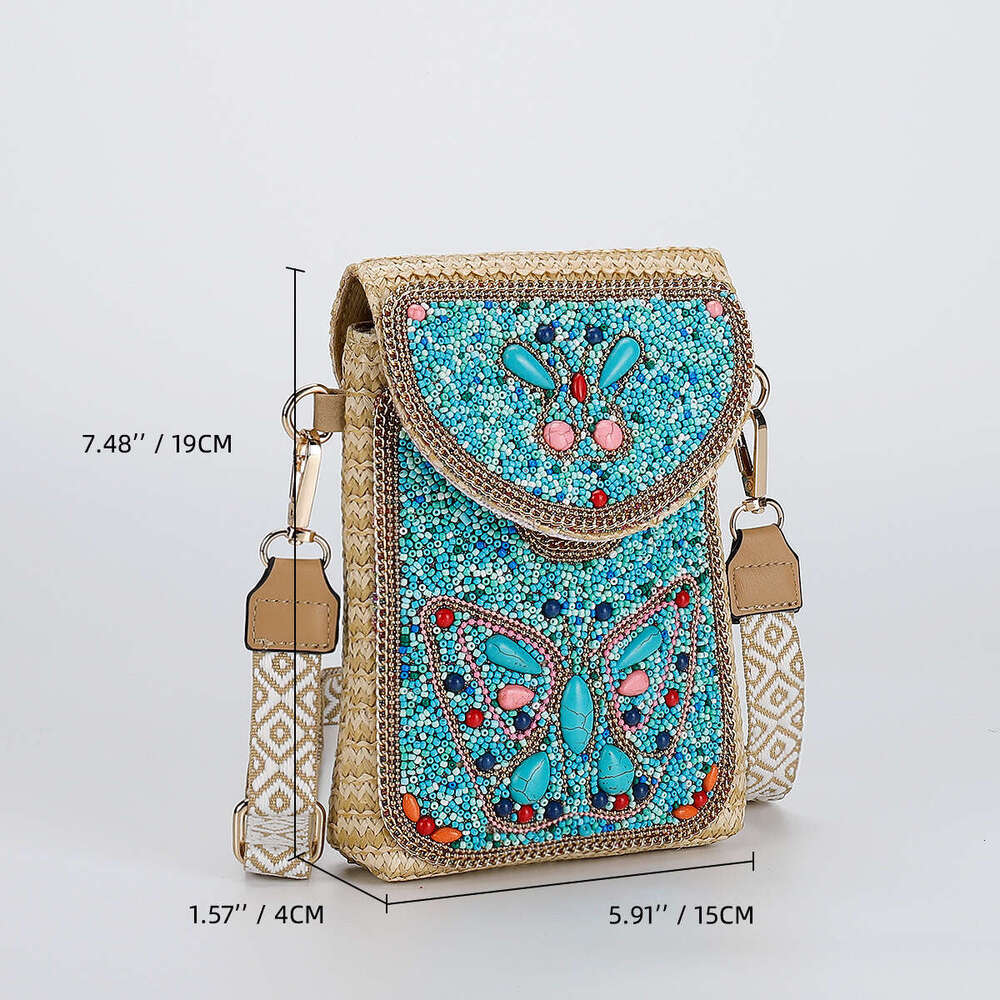 High-End Straw Crossbody 2024 New Fashion Beaded Woven Women's Shoulder Phone Bag
