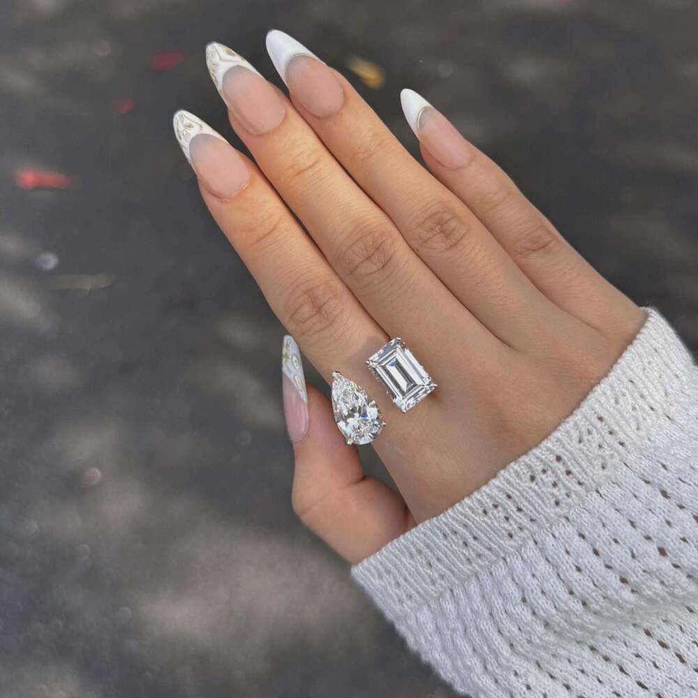 jewelry rings S925 Silver Twin stone Pear shaped Drop and Square cut Diamond set Open ring