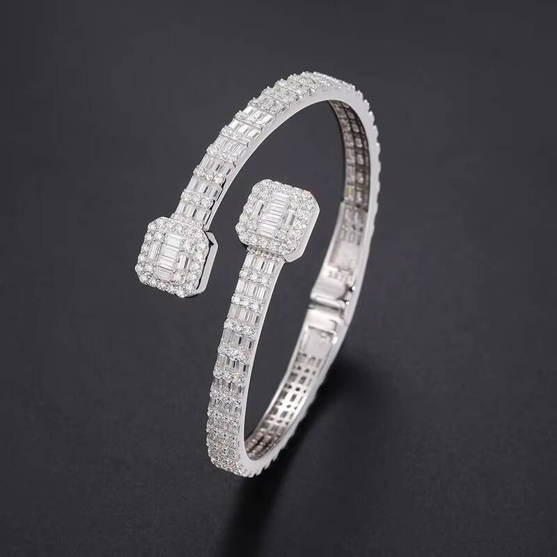 Pass Diamond Tester S925 Sterling Silver Baguette VVS Moissanite Iced Out Cuff Bangle Bracelet for Men Women