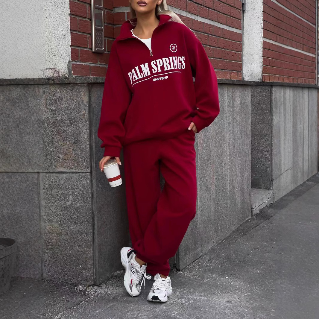 Fashion HotSelling Zipper LongSleeve Sweatshirt for Women Autumn New Loose Casual Letter Print Design TwoPiece Set 201120