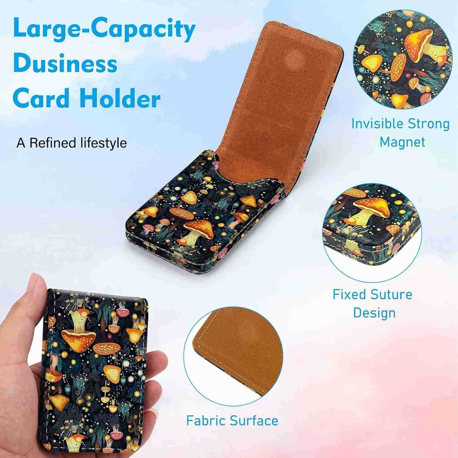 Card Holder PU Leather Printing Business Card Case Pocket with Magnetic Shut Portable Business Card Carrier Holder for Women or Men Mushroom Z250906