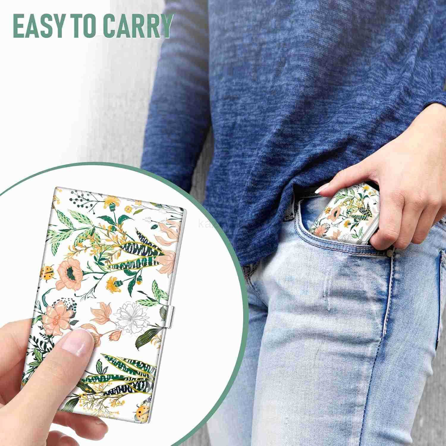 Business Card Holder Case Wallet for Women Metal Retro Blooming Flower Slim Pocket Purse Square Card Cases Cute For Realtors Real Estate Agents Z25090