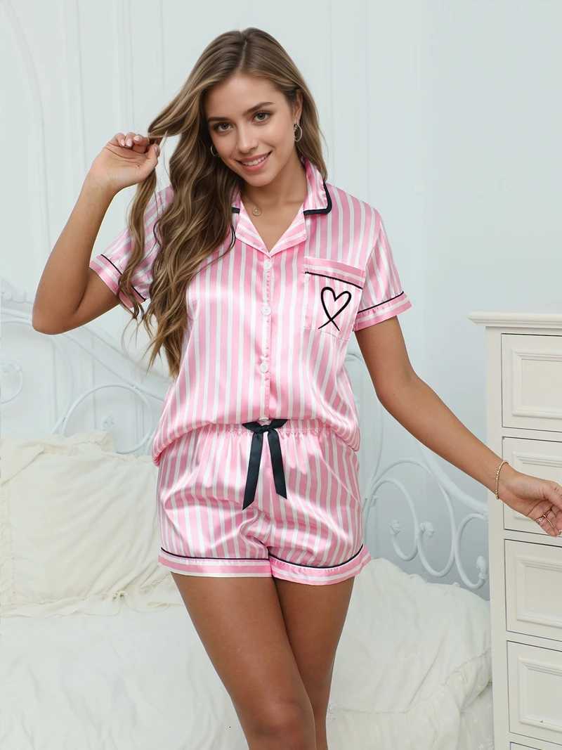 Cozy Satin Womens 2Pcs Pajama Set Pink Stripe Print ShortSleeve Lapel Top And Shorts Smooth Texture Soft Touch Fit Sleepwear Y250906