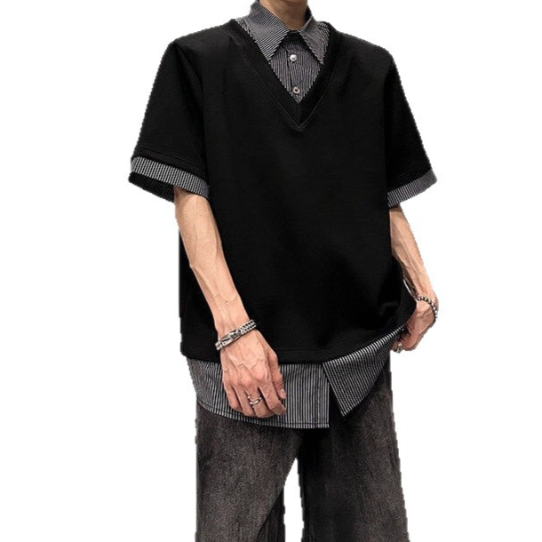 2025 Fake Two-piece Shoulder Pad Short Sleeved Men's Summer Collar T-shirt Niche Design High Street Five Quarter Sleeve Designer T-shirt