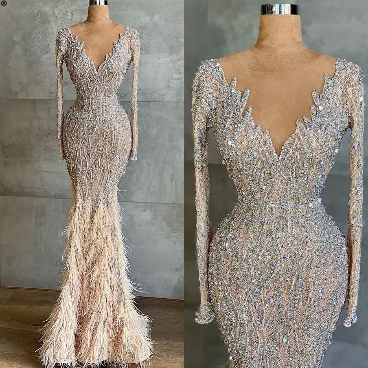 Sexy Mermaid Evening Dresses V Neck Beading Feathers Prom Dresses Lace Long Sleeves Celebrity Women Formal Party Pageant Gowns